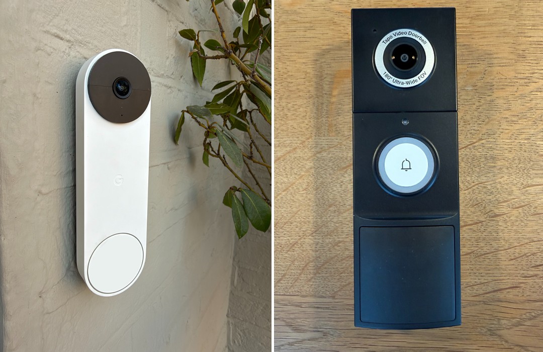 Two video doorbells mounted: white on textured wall with plant, black on wooden surface.