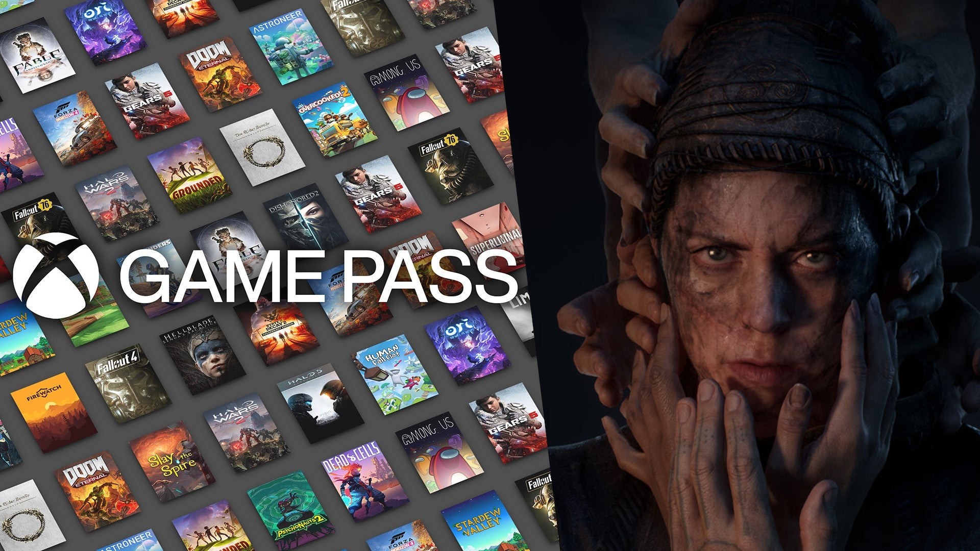 Xbox Game Pass promotional graphic shows game covers and a character close-up. Xbox Game Pass promotional graphic shows game covers and a character close-up.