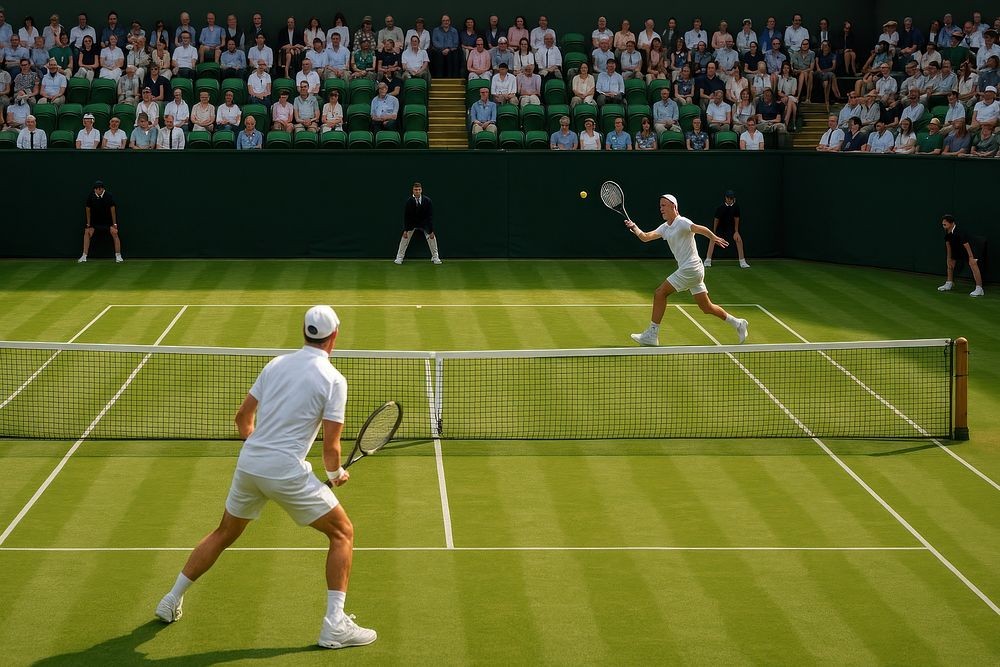Two tennis players compete on a grass court; one hits a ball over the net. Two tennis players compete on a grass court; one hits a ball over the net.