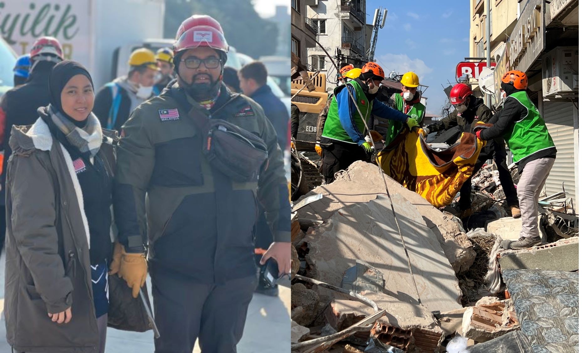 Rescue workers search debris at an urban disaster site.