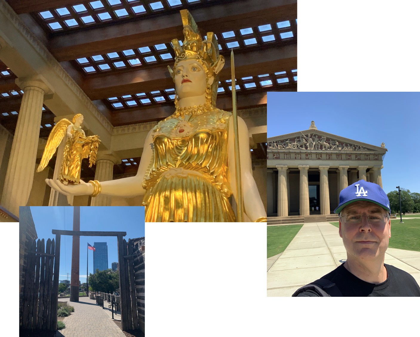 Golden statue holding winged figure displayed inside museum with columns and skylights. Golden statue holding winged figure displayed inside museum with columns and skylights.