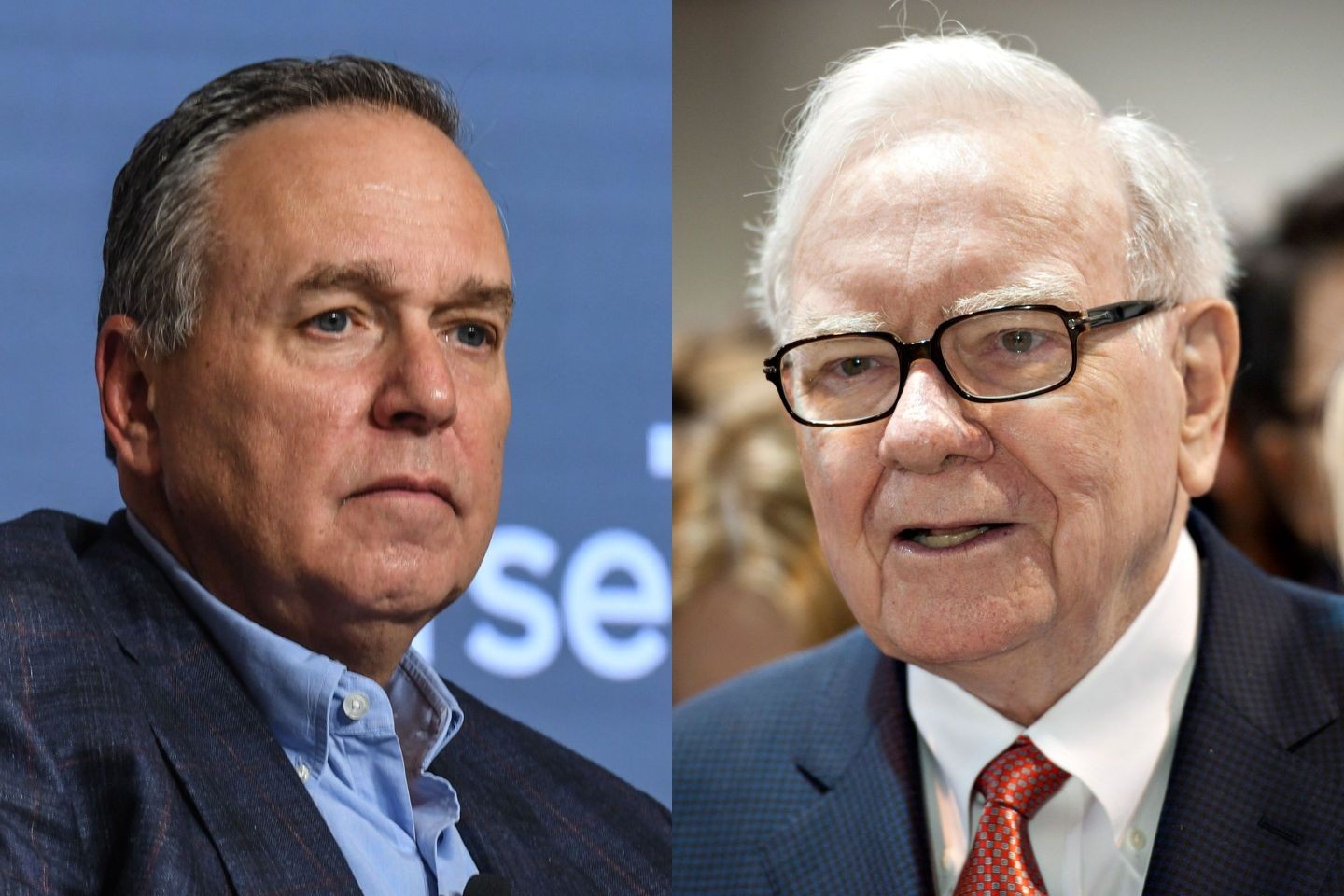 Two men pose for a photograph at a formal event; one wears blue shirt, other has glasses and red tie. Two men pose for a photograph at a formal event; one wears blue shirt, other has glasses and red tie.