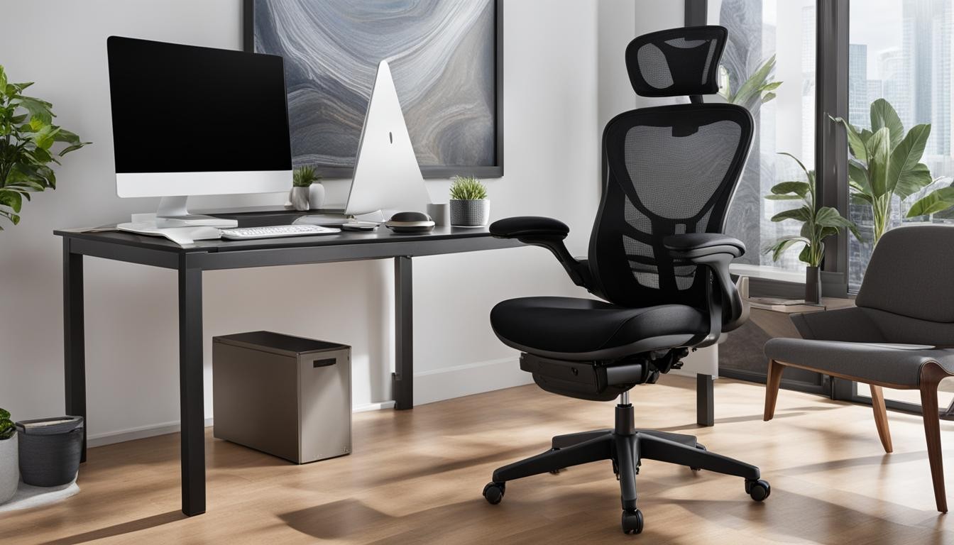 Ergonomic office chair sits at a modern home office desk near large windows. Ergonomic office chair sits at a modern home office desk near large windows.