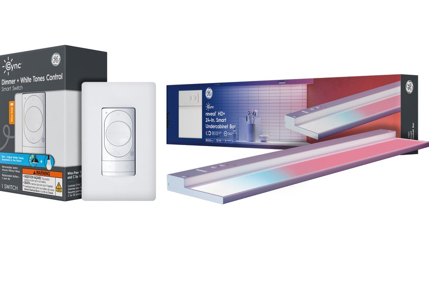 GE's Dimmer + White Tones Control Smart Switch and reveal HD+ 24-in. Smart Undercabinet Bar are displayed.