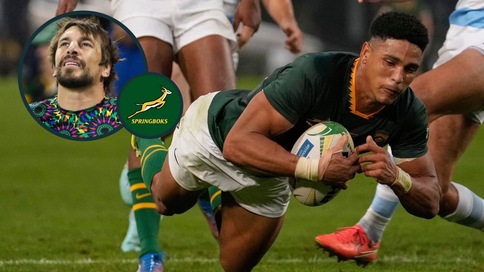 Springboks rugby player carries ball during match on grass field; inset shows teammate and logo. Springboks rugby player carries ball during match on grass field; inset shows teammate and logo.