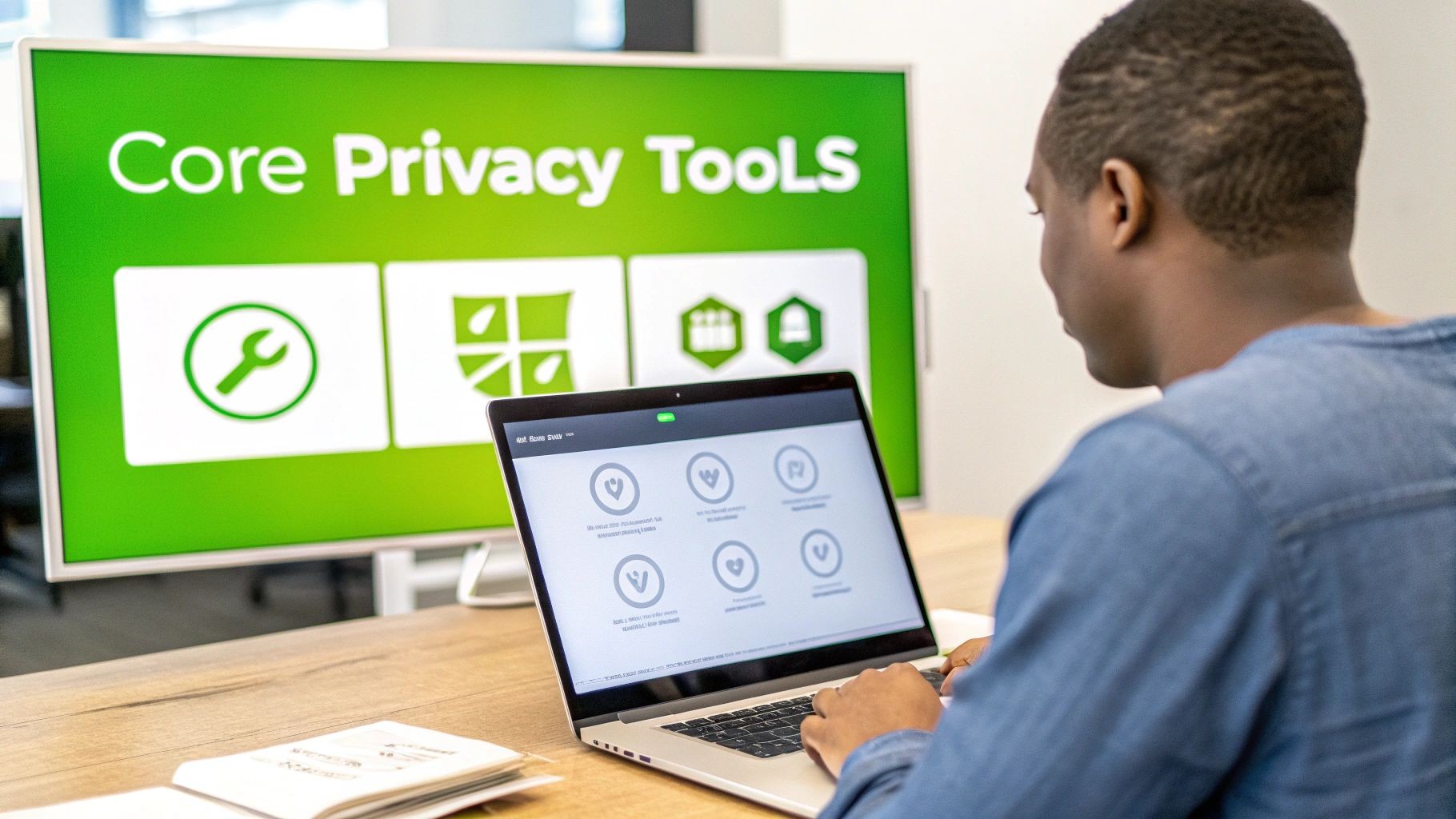 Person uses laptop at desk with "Core Privacy Tools" display visible on monitor. Person uses laptop at desk with "Core Privacy Tools" display visible on monitor.