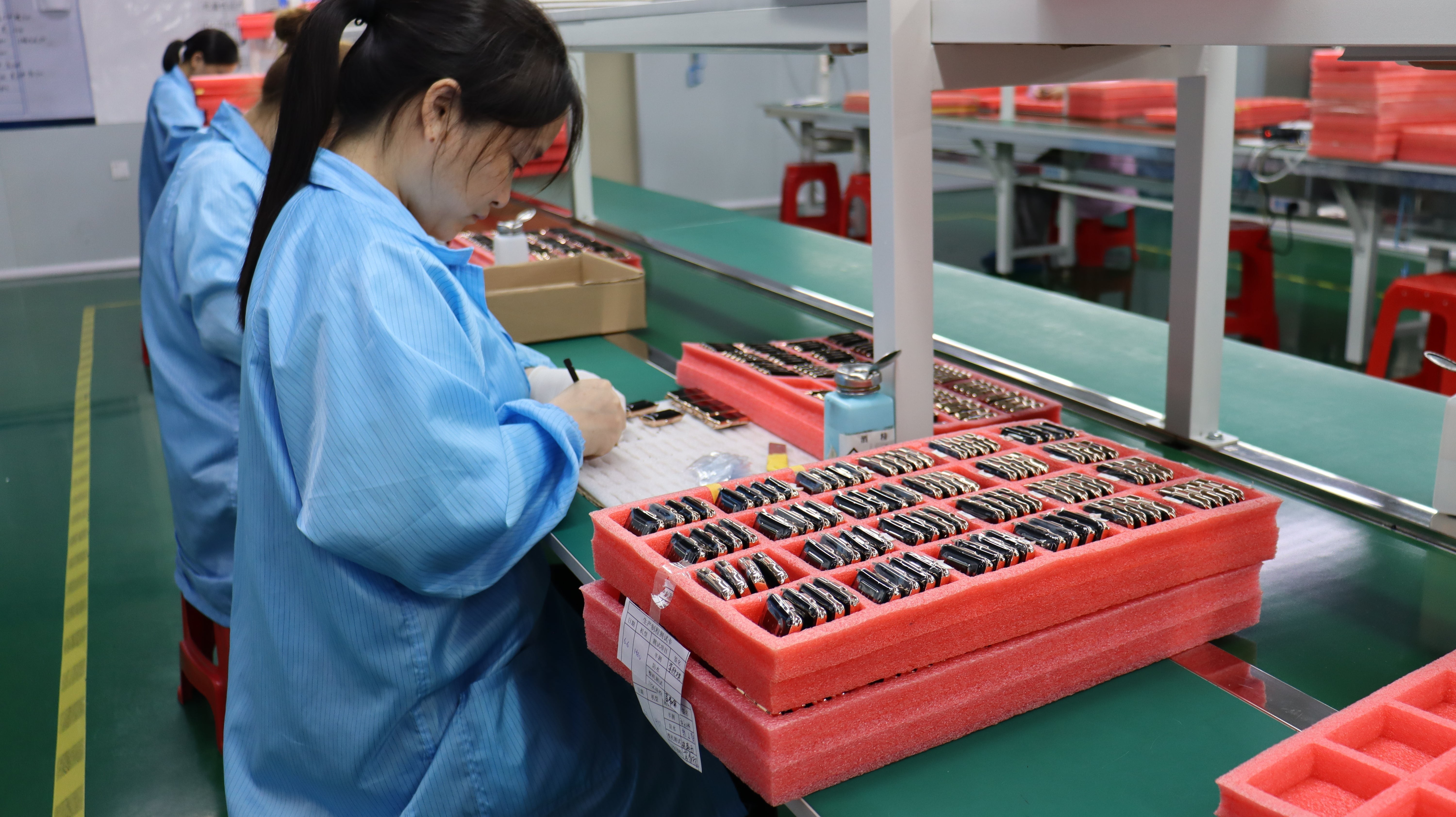 Female worker in blue uniform marks items on a green manufacturing line with red foam trays. Female worker in blue uniform marks items on a green manufacturing line with red foam trays.