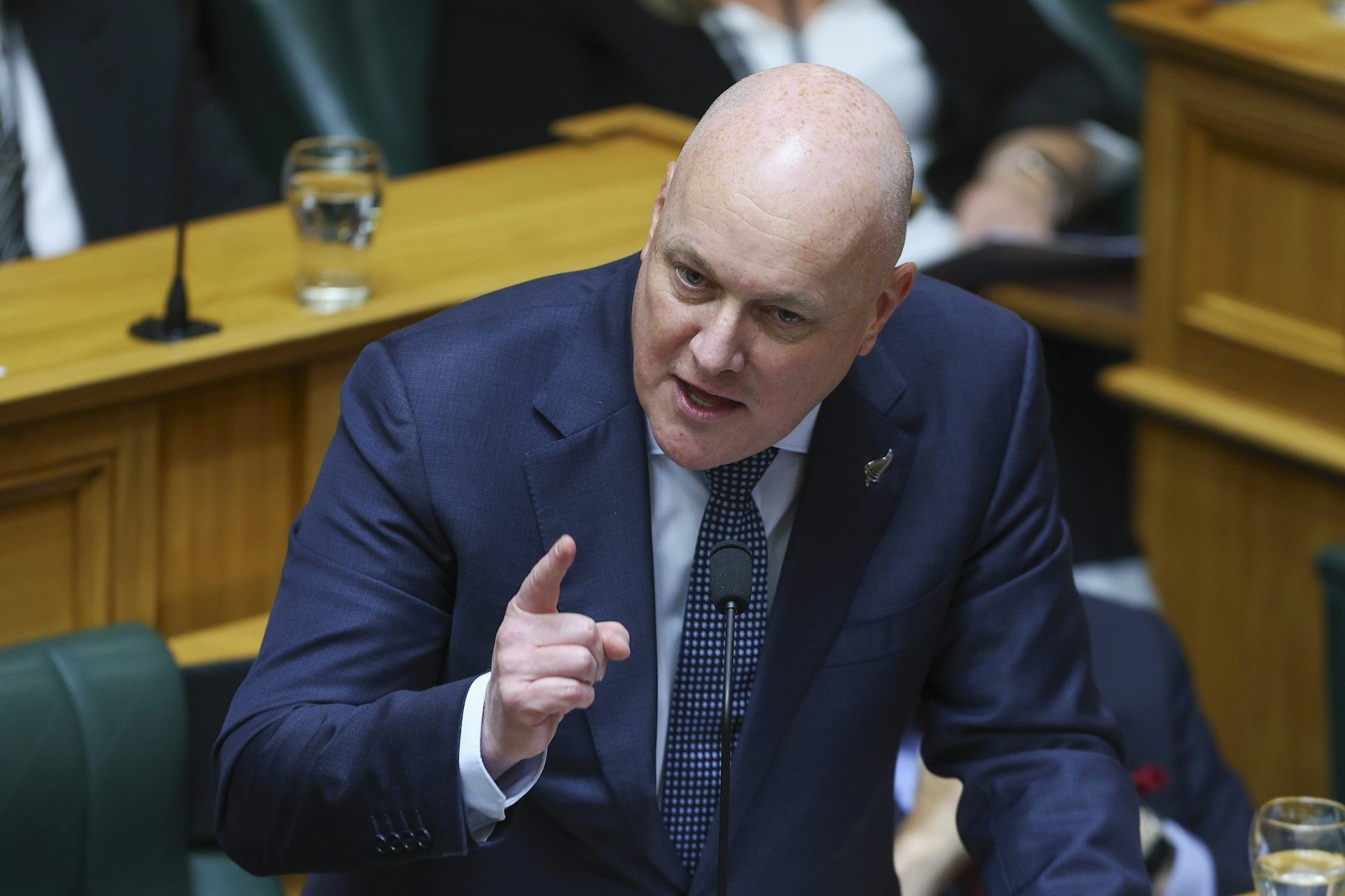 A bald man in a dark blue suit speaks into a microphone at a wooden desk in a parliamentary chamber. A bald man in a dark blue suit speaks into a microphone at a wooden desk in a parliamentary chamber.