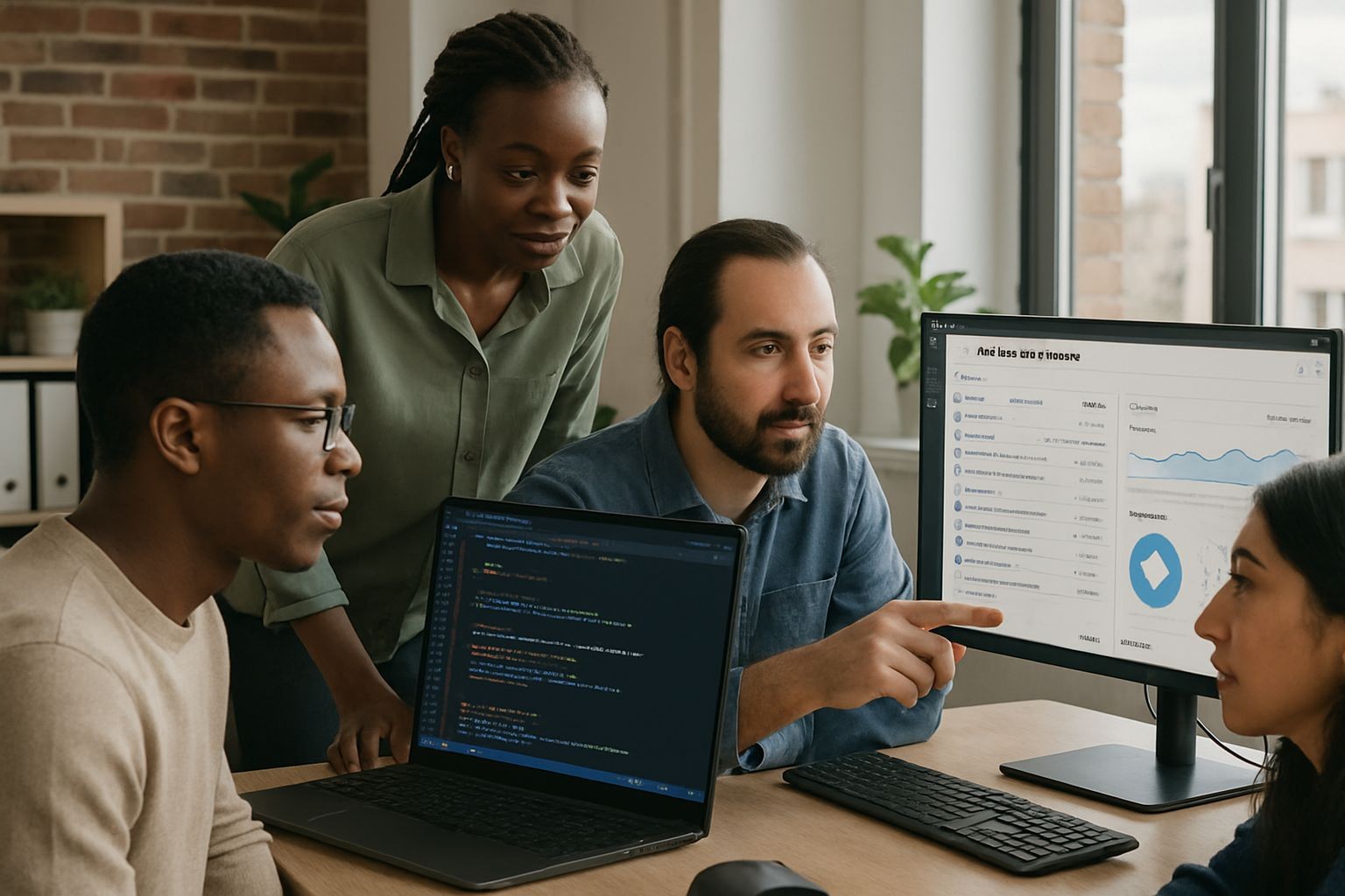Four colleagues discuss work in an office, pointing at computer monitors displaying code and data. Four colleagues discuss work in an office, pointing at computer monitors displaying code and data.