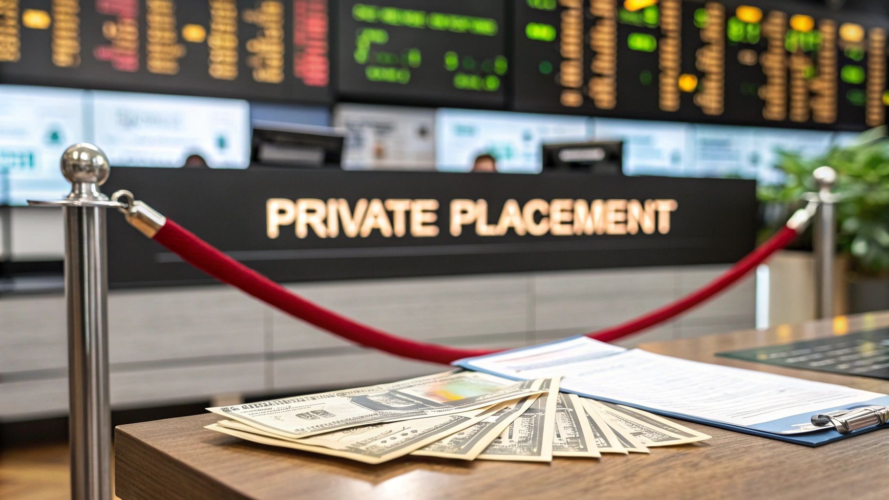 Stacked cash and documents sit on a desk before "PRIVATE PLACEMENT" signage with stock tickers. Stacked cash and documents sit on a desk before "PRIVATE PLACEMENT" signage with stock tickers.