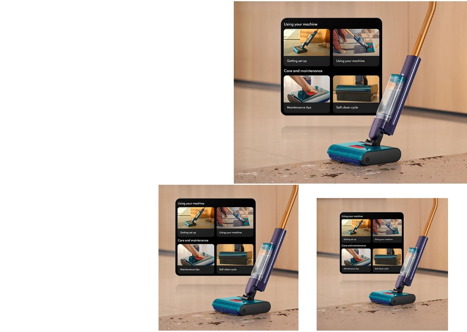 Vacuum cleaner on speckled floor with tablet showing "Using your machine" sections.