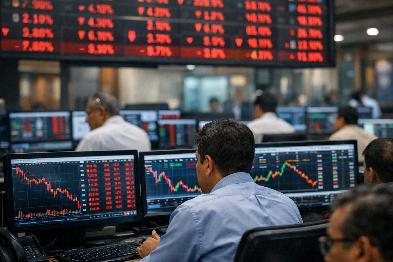Traders monitor stock market data on computer screens in a busy trading floor. Traders monitor stock market data on computer screens in a busy trading floor.